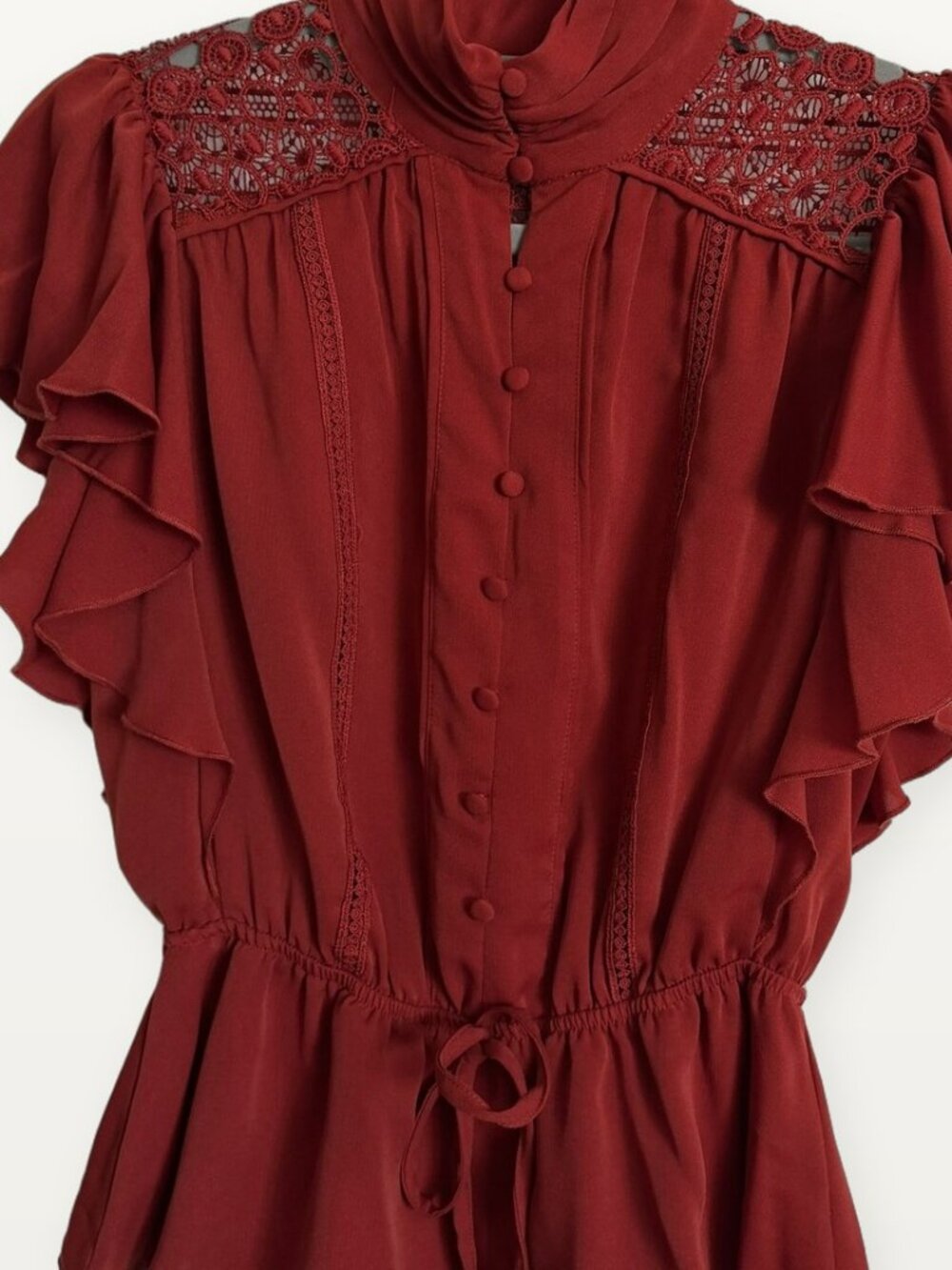NY&C Brick Red Lace Yoke Ruffle Sleeve Peplum Blouse XS Average